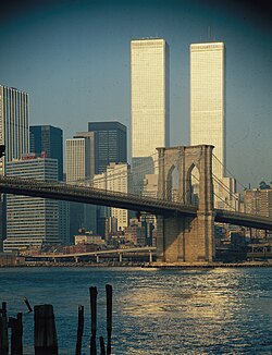 World Trade Center Twin Towers with Brooklyn Bridge in foreground in 1976