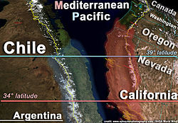 Mediterranean climate distribution in the Americas. Note that the map of Chile is turned upside down
