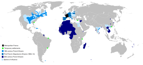 Map of the first (light blue) and second (dark blue) French colonial empires