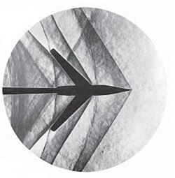 Schlieren photograph of an attached shock on a sharp-nosed supersonic body.