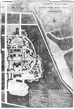 Undated map of Storer College campus, facing east towards the train station. Does not include Lockwood House, which is off the map toward the train station, on Fillmore Street.