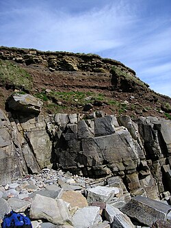 Soil with broken rock fragments overlying bedrock at Sandside Bay, Caithness, Scotland