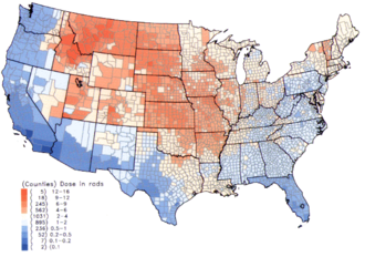 Per capita thyroid doses in the continental United States resulting from all exposure routes from all atmospheric nuclear tests conducted at the Nevada Test Site from 1951 to 1962.