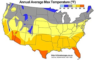 A map of the average annual high temperatures in the United States