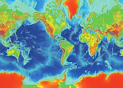 Surface of Earth, showing higher elevations in red