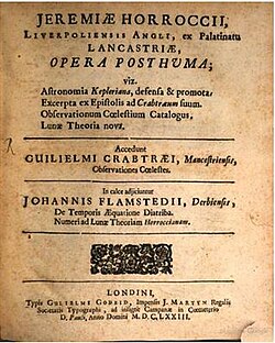 The title page of Jeremiah Horrocks's Opera Posthuma, published by the Royal Society in 1672.