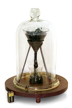 In the University of Queensland pitch drop experiment, pitch has been dripping slowly through a funnel since 1927, at a rate of one drop roughly every decade. In this way the viscosity of pitch has been determined to be approximately 230 billion (2.3×1011) times that of water.[87]