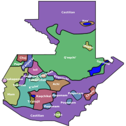 Language map of Guatemala. The "Castilian" areas represent Spanish.