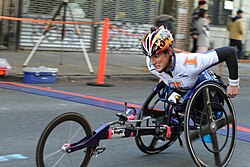 A New York City Marathon competitor uses a racing wheelchair.
