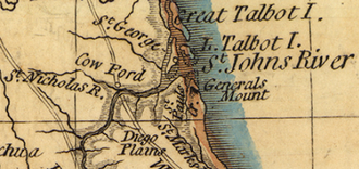 Northeast Florida showing Cow Ford (center), from Bernard Romans' 1776 map of Florida