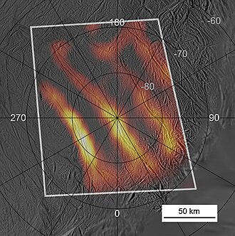 Heat map of the south polar fractures, dubbed 'tiger stripes'