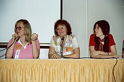 Jo Duffy, Lee Marrs and Catherine Yronwode on the Women In Comics panel at the 1982 San Diego Comic Con