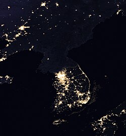 The Korean Peninsula at night, shown in a 2017 composite photograph from NASA