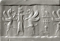 Modern impression of an Achaemenid cylinder seal from Iran, with king holding two lion griffins at bay and Egyptian hieroglyphs reading "Thoth is a protection over me". (c. 6th–5th century BC).[31]