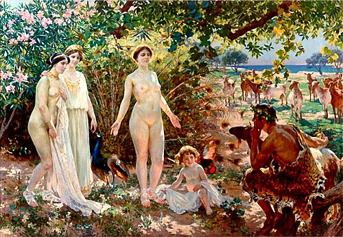 El Juicio de Paris by Enrique Simonet, 1904. Paris is holding the golden apple on his right hand while surveying the goddesses in a calculative manner.