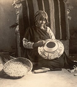 Nampeyo with one of her Sikyátki Revival vessels, ca. 1908–1910. Hopi, Arizona. Photo by Charles M. Wood. P07128