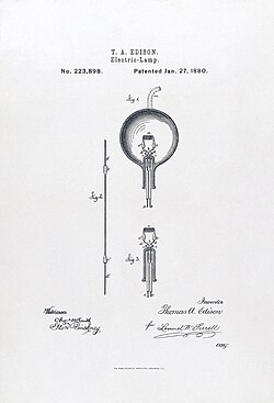 A diagram of a light bulb with Edison's name written above it the patent number and date are labeled.