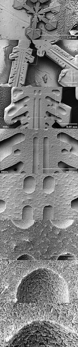 Low-temperature SEM magnification series for a snow crystal. The crystals are captured, stored, and sputter-coated with platinum at cryo-temperatures for imaging.