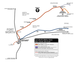 Map of public rail transit in the Fort Worth metro area