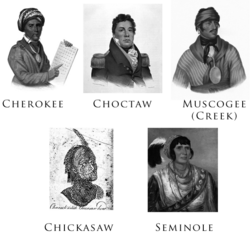 Illustrations of members of the Five Civilized Tribes painted between 1775 and 1850 (clockwise from top left): Sequoyah, Pushmataha, Selocta, Osceola, and Piominko