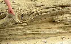 Soft sediment deformation (possibly a seismite) in Dead Sea sediments, Israel