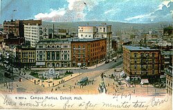 Old Detroit Opera House (behind fountain) on Campus Martius in 1907.