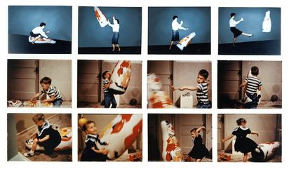 Video stills from the Bobo doll experiment showing participants interacting with the doll in aggressive ways.