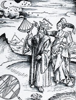 Engraving of a crowned Ptolemy being guided by Urania, by Gregor Reisch (1508), from Margarita Philosophica showing an early conflation of the mathematician with the royal house of Ptolemaic Egypt, with the same last name.