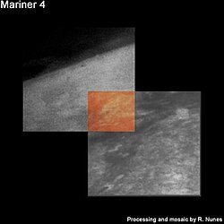 The very first two images from, and of, another planet (Mars), by Mariner 4,[253] the second spacecraft to reach Mars and the first to transmit data (15 July 1965). The data disproved Mars being hospitable and having canals.