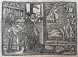 Three men look at books. A man lies in a bed under a hanging suit of armor. A woman burns books in the yard.