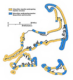 Map of Cape Cod showing shores undergoing erosion (cliffed sections) and shores characterized by marine deposition (barriers).