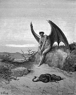 Gustave Doré, illustration to Paradise Lost, book IX, 179–187: "he [Satan] held on / His midnight search, where soonest he might finde / The Serpent: him fast sleeping soon he found"