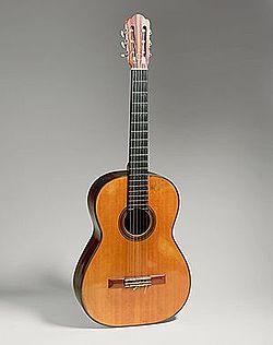 Guitar by Hermann Hauser, 1937, Munich, Germany. Concert guitar of Andrés Segovia's from 1937 until 1962. Gift of Emilita Segovia, Marquesa of Salobreña, 1986 (1986.353.1). Housed in the Metropolitan Museum of Art.