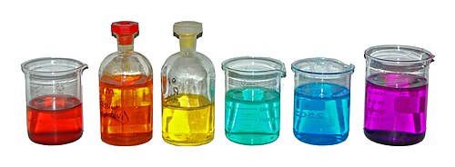 Metallic ions in aqueous solution display many colours: • the red cobalt cation Co2+ from Co(NO3)2 (see § Co) • the orange chromium oxyanion Cr2O2−7 from K2Cr2O7 (§ Cr) • the yellow chromium oxyanion CrO2−4 from K2CrO4 (§ Cr) • the turquoise nickel cation Ni2+ from NiCl2 (§ Ni) • the blue copper cation Cu2+ from CuSO4 (§ Cu) • the purple manganese oxyanion MnO−4 from KMnO4 (§ Mn)