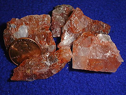 Polycrystalline potash, with a U.S. penny for reference. (The coin is 19 mm (0.75 in) in diameter and copper in color.)