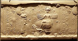 Modern impression of a cylinder depicting the goddess Inanna and her assistant Ninshubur, late 3rd millennium BC, Oriental Institute of Chicago.