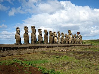 Moai facing inland at Ahu Tongariki, restored by Chilean archaeologist Claudio Cristino in the 1990s