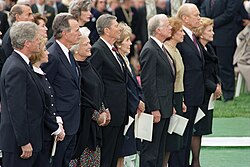 Five U.S. presidents (then-incumbent president Bill Clinton, George H. W. Bush, Ronald Reagan, Jimmy Carter, and Gerald Ford) and their wives attending Nixon's funeral, April 27, 1994