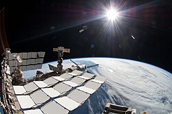 The Sun, as seen from low Earth orbit overlooking the International Space Station. This sunlight is not filtered by the lower atmosphere, which blocks much of the solar spectrum.