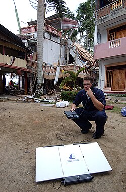 Satellite phone (Inmarsat) in use in Nias, Indonesia, in April 2005 after the Nias–Simeulue earthquake
