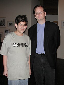 Swartz in 2002 with Lawrence Lessig at the launch party for Creative Commons