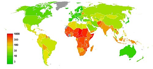 Maternal mortality rate worldwide, as defined by the number of maternal deaths per 100,000 live births from any cause related to or aggravated by pregnancy or its management, excluding accidental or incidental causes[25]