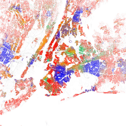 Map of racial distribution in New York, 2010 U.S. Census. Each dot is 25 people: White, Black, Asian, Hispanic, or Other (yellow)