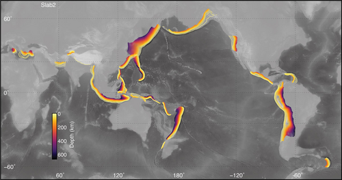 Global map of subduction zones, with subducted slabs contoured by depth