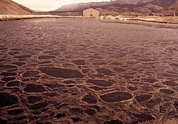 A tailing pond near Rifle, Colorado. Waste from uranium mining has been allowed to settle and is exposed to the atmosphere, leading to the release of radon gas into the air and decay products into the groundwater.[139]