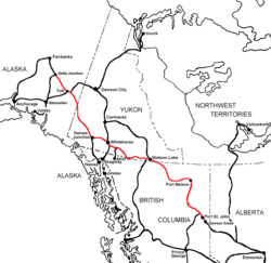 Map of the Alaska Highway portion (in red) of the Pan-American Highway system.