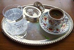 Turkish coffee with Turkish delight. Turkish coffee is a UNESCO-listed intangible cultural heritage of Turks.[490][491]