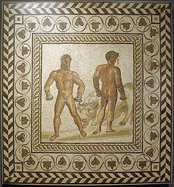 Boxing scene from the Aeneid (book 5), mosaic floor from a Gallo-Roman villa in Villelaure (France), c. 175 AD, Getty Villa (71.AH.106)