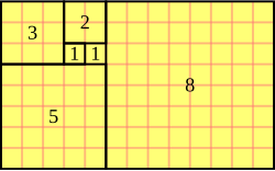 A tiling with squares whose sides are successive Fibonacci numbers in length.
