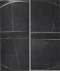 Left image: cosmic ray muon passing through a cloud chamber undergoes scattering by a small angle in the middle metal plate and leaves the chamber. Right image: cosmic ray muon losing considerable energy after passing through the plate as indicated by the increased curvature of the track in a magnetic field.